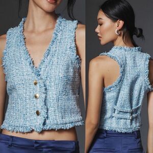Maeve Tweed Shell Vest Cropped Fringed Blue Medium Anthropologie